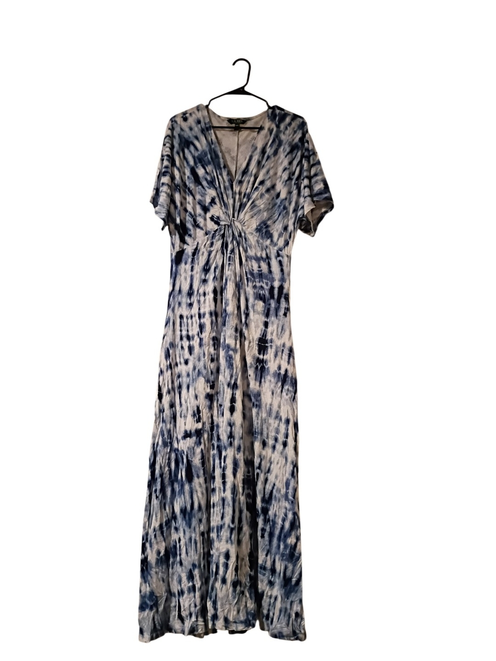 Lauren Ralph Lauren Blue and White Tie-Dye Maxi Dress with Front Knot GUC